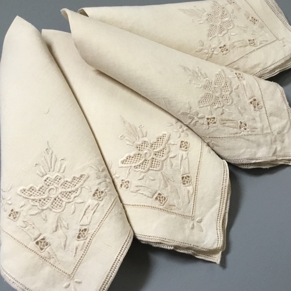 Vintage Ecru Reticella Embroidered Napkins